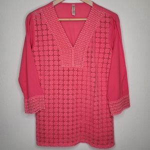 Shoreline Coral Sheer Crochet-Trimmed Top Size M